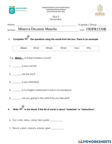 Examen Mensual de Inglés - 1er. Grado - Noviembre