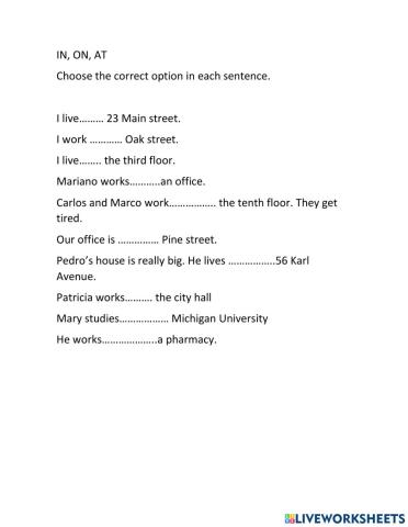 Prepositions of place in, on at