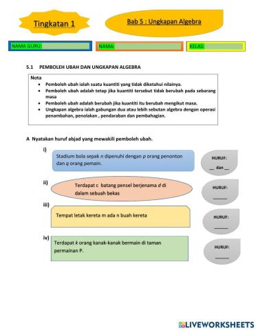 Bab 5 ungkapan algebra matematik tingkatan 1
