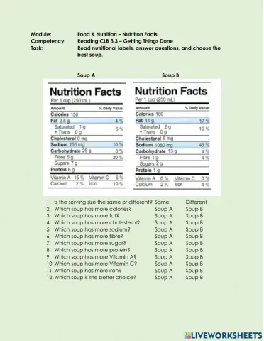Reading CLB 3.3 GTD - Compare nutritional labels for soup