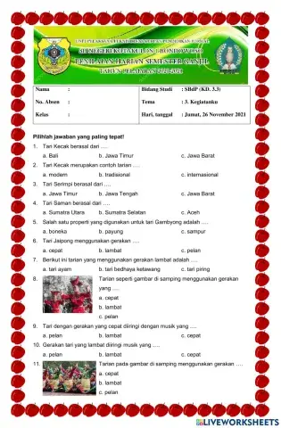 Soal SBdP Kelas 1 Tema 3 KD 3.3