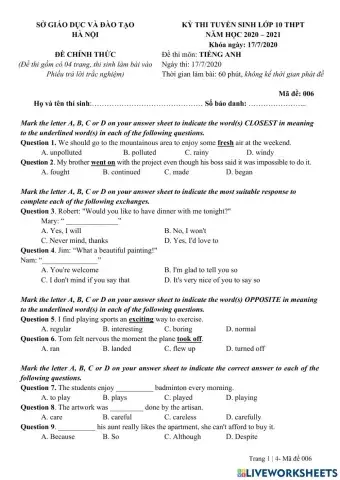 E9 - Đề thi vào 10 Sở Hà Nội 2020 (chính thức)