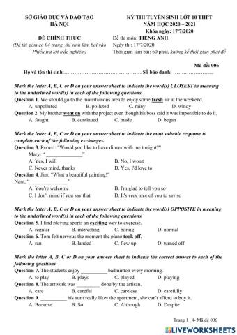 E9 - Đề thi vào 10 Sở Hà Nội 2020 (chính thức)