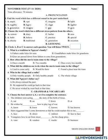 Grade 9B- Month Test (u4)