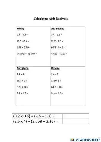 The Four Operations on Decimals