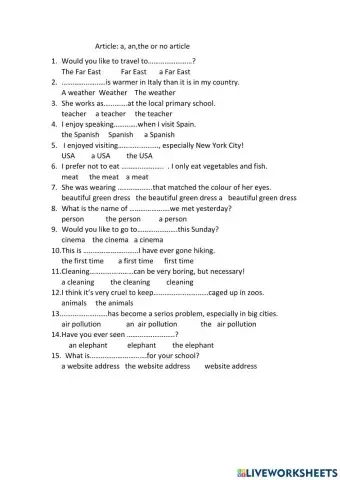 Article: a an the,  no article