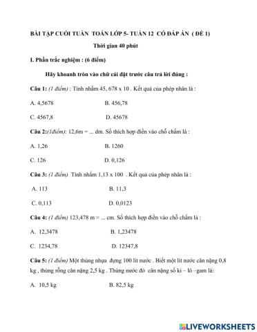 Đề thi toán chki lớp 5