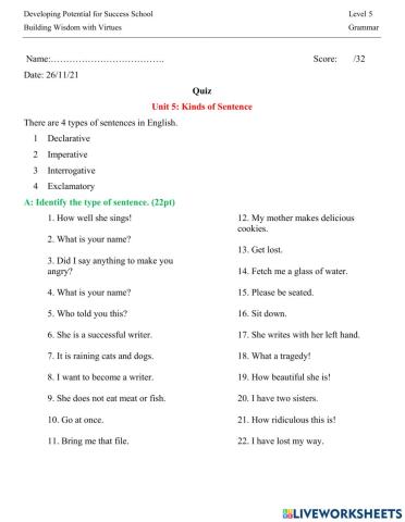 Level 5 Grammar Quiz- Sentence