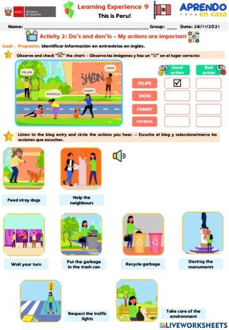 My actions are important do's and don'ts activity 2 learning experience 9 A1