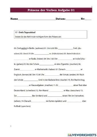 Präsens der Verben Aufgabe 01