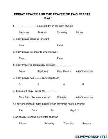 FRIDAY PRAYER AND THE PRAYER OF TWO FEASTS 	Part 1