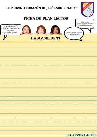 Ficha de Plan Lector: Lectura -Háblame de ti-