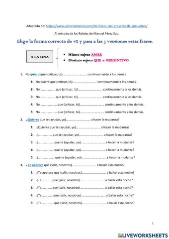 20 frases en subjuntivo -a la una-