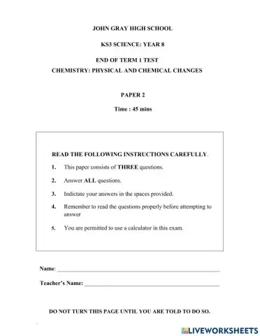 Year 8 End of Term 1 Exam 2021