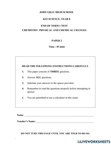 Year 8 End of Term 1 Exam 2021