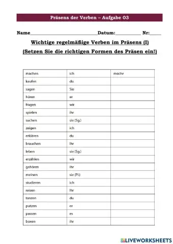Präsens der Verben Aufgabe 03