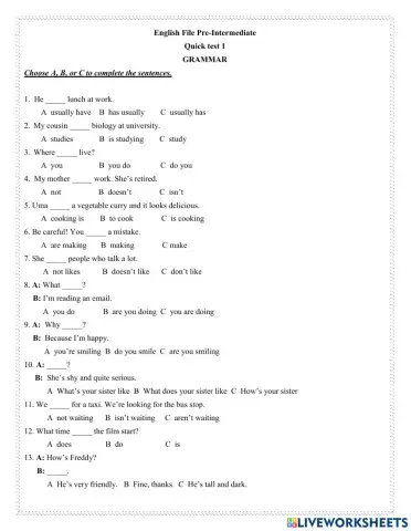 Quick test 1 English File Pre-Intermediate