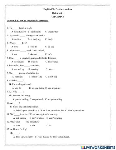 Quick test 1 English File Pre-Intermediate