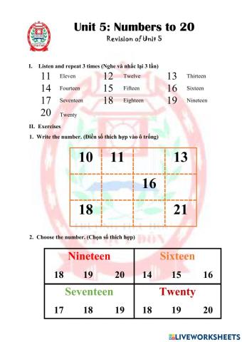 MATH 1 Review-Numbers to 20