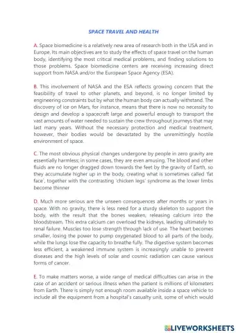 Space travel and health reading