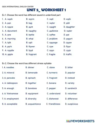 Worksheet 1-Unit 5-Grade 7