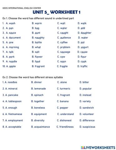 Worksheet 1-Unit 5-Grade 7