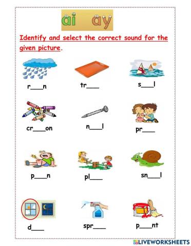 Select the correct sound for the given picture-ai and ay words