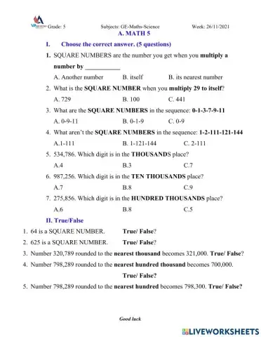 Maths&science week 10-grade 5-vas