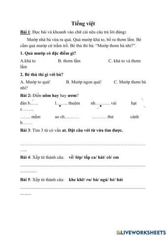 Bài tập cuối tuần lớp 1