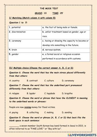 English 10 Mock Test - PHAN THỊ MỸ NƯƠNG