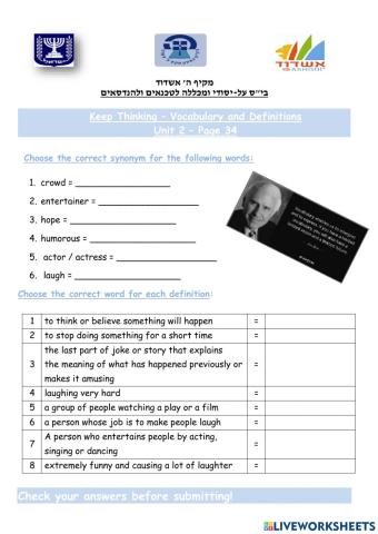 Keep Thinking - Vocabulary and Definitions - Unit 2 - Page 34