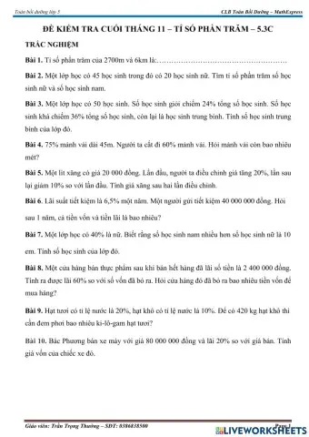 Kiểm tra Toán - Tháng 11 - Lớp 5.3C