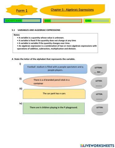 Chapter 5 : algebraic expressions