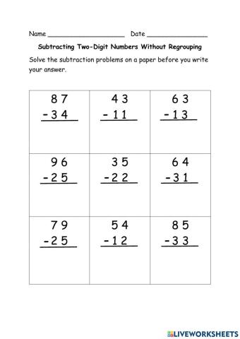 Subtracting 2-Digit Numbers - Without Regrouping