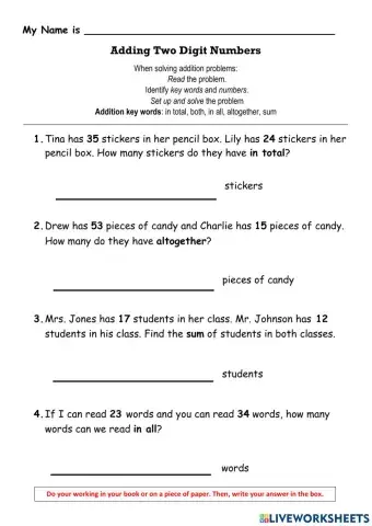 Adding 2-Digit Numbers - Word Problems