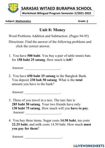 Word Problems Addition and Subtraction with Money Part 1