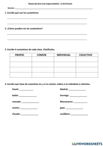 Repaso Tema 3 Lengua  3º Primaria