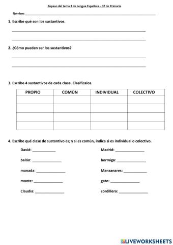 Repaso Tema 3 Lengua  3º Primaria