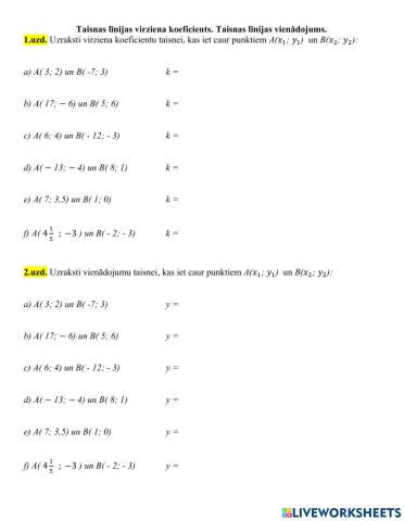Līnijas virziena koeficients un vienādojums.
