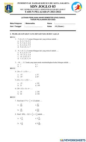 Latihan pas i mtk kelas 6