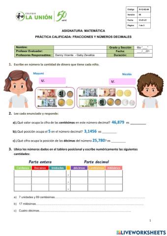 Práctica calificada: fracciones y decimales