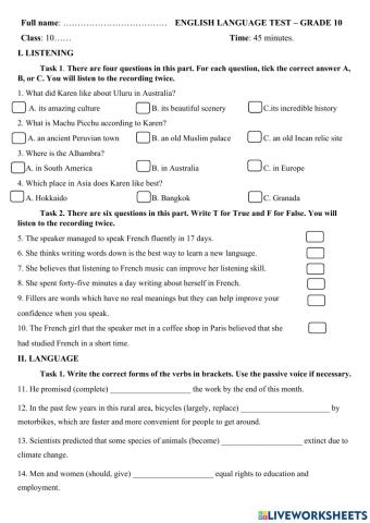 English 10 Mock Test ( Nguyễn Thị Thu Hiền)