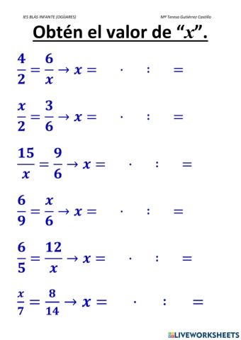 Obtén el valor de x (proporcionalidad)