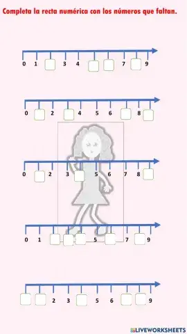 Completa la recta numérica con los numerales que faltan.