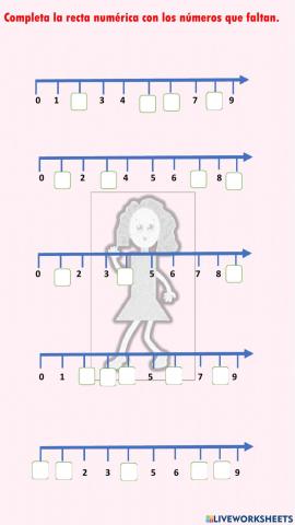 Completa la recta numérica con los numerales que faltan.