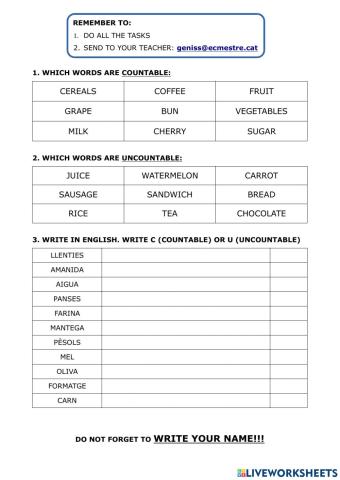 Countable and Uncountable Food and drink