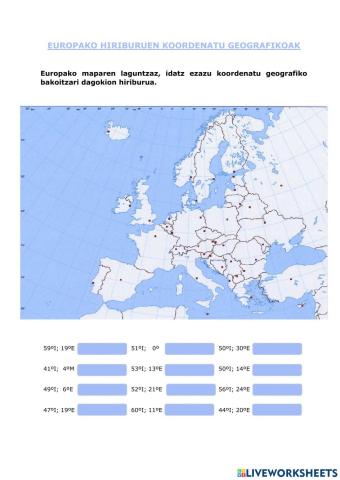 Europako hiriburuen koordenatu geografikoak