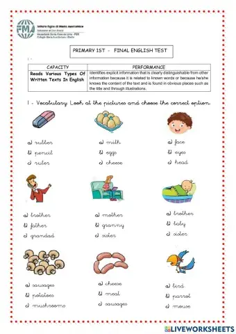 Final English Exam - 1st Grade