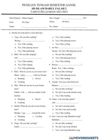 Penilaian Akhir Semester I Kelas 3 Bahasa Inggris