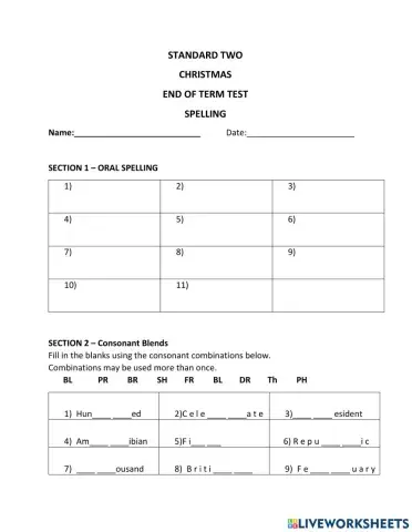 Std 2 Spelling Assessment